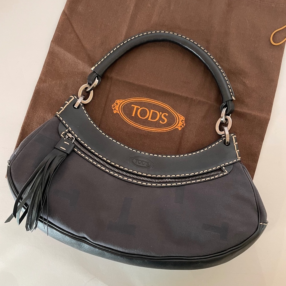 TOD'S Black Canvas/Leather Shoulder Hand Bag Small Hobo